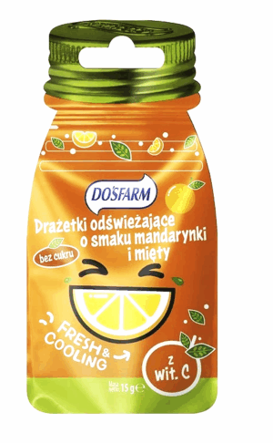 DOSFARM Drażetki odświeżające bez cukru o smaku mięta mandarynka. Saszetka z zapięciem strunowym 15g (k=15)