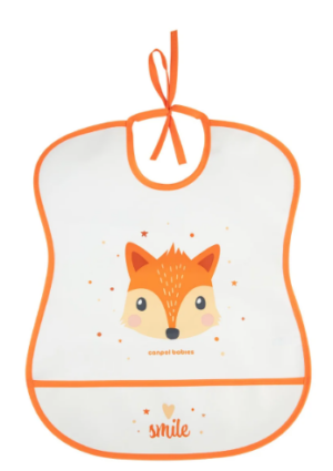 CANPOL Śliniak plastikowy wiązany z kieszonką CUTE ANIMALS pomarańczowy
